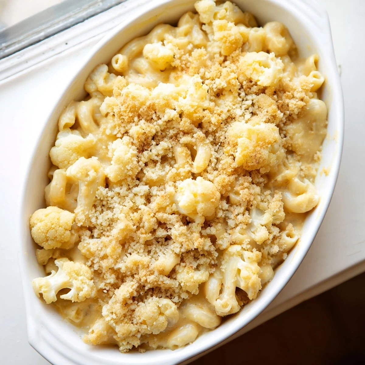 Creamy cheese sauce coats tender cauliflower florets and elbow pasta in this comforting vegetarian mac and cheese casserole