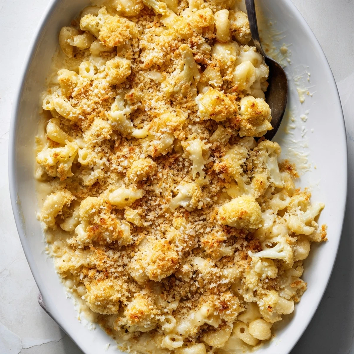 Steaming serving of cauliflower mac and cheese sprinkled with Parmesan and paprika on a white plate