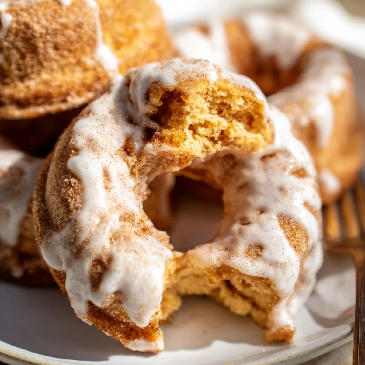Soft fluffy pumpkin spice biscuit donuts with warm autumn spices and sugary coating on white plate