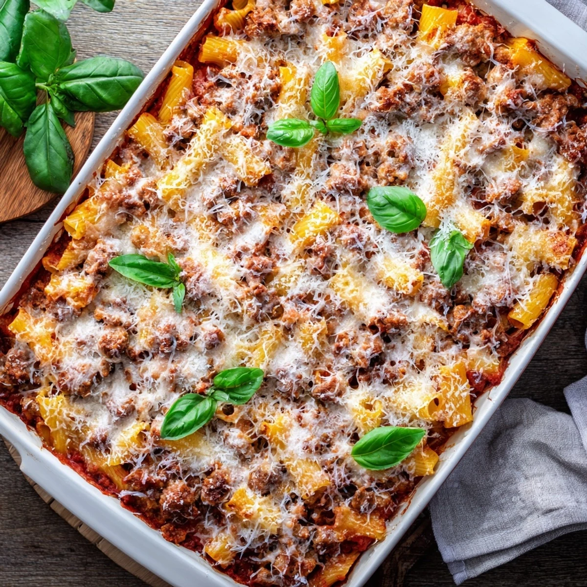 Golden baked Italian meatball pasta bake with bubbling mozzarella and rich tomato sauce