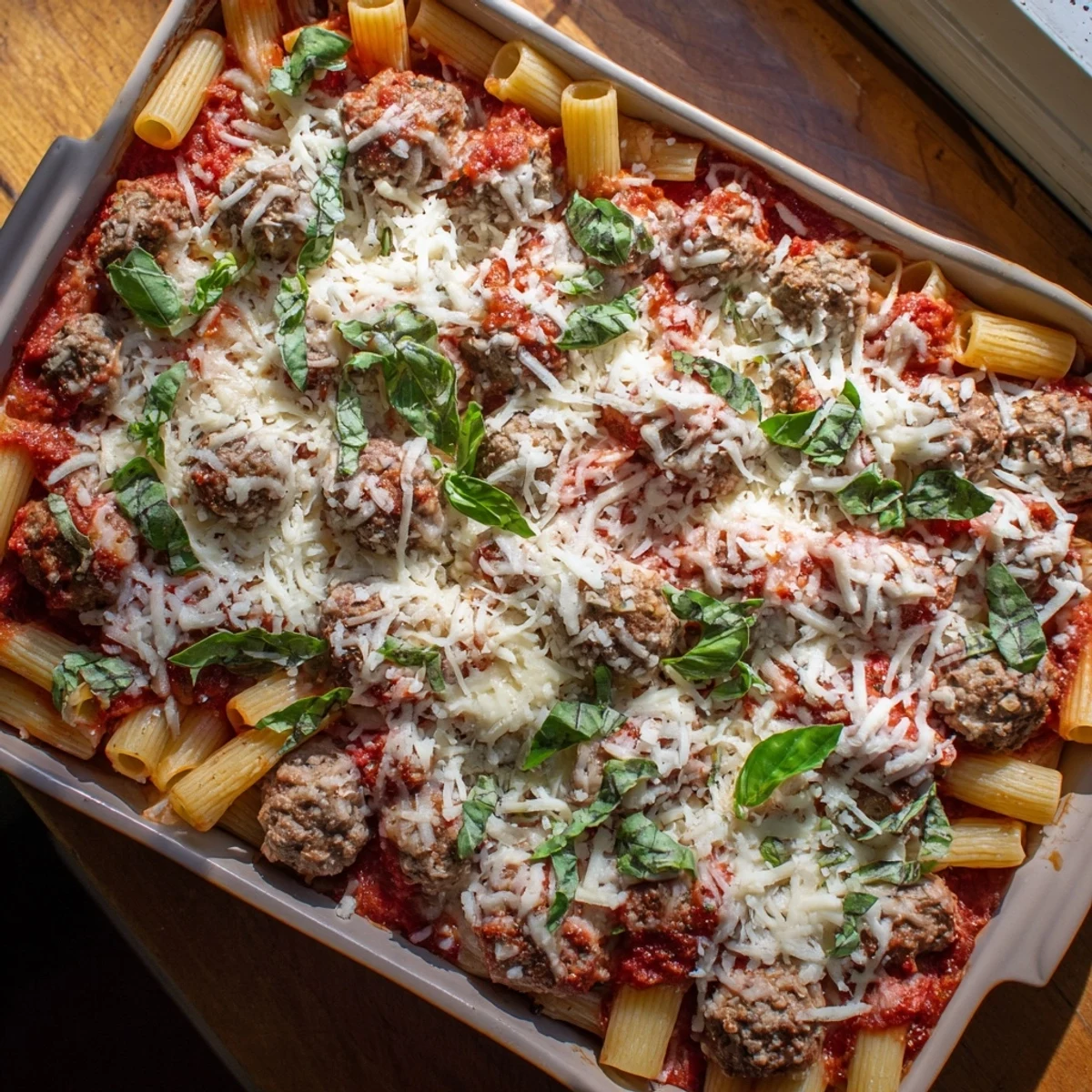 Tender meatballs nestled in pasta with melted cheese topping this comforting Italian casserole