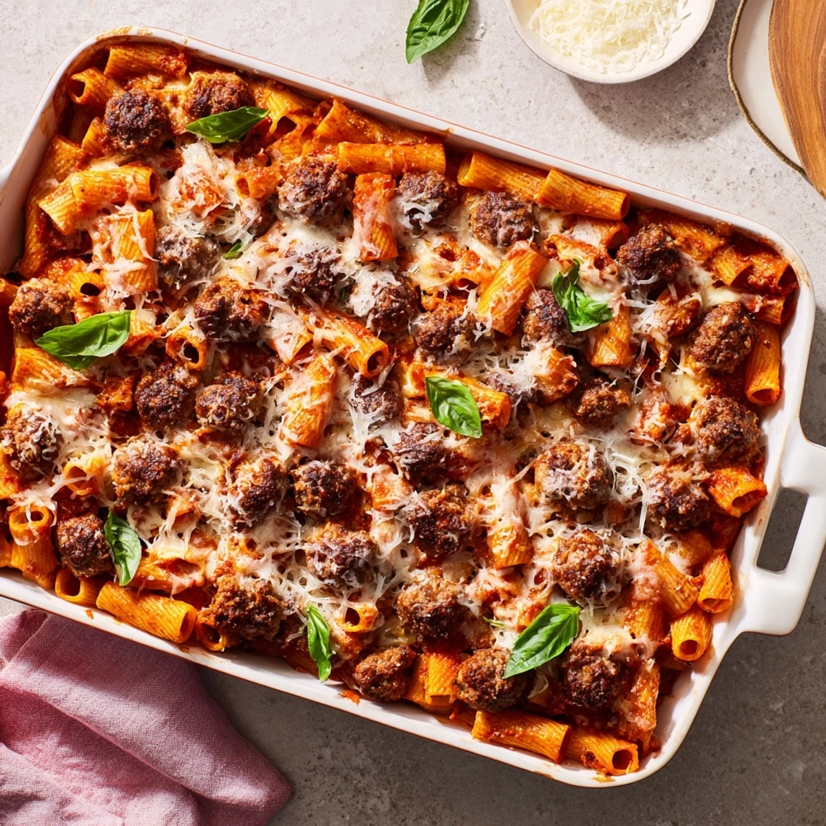 Hearty Italian meatball pasta bake fresh from the oven with crispy golden cheese layer