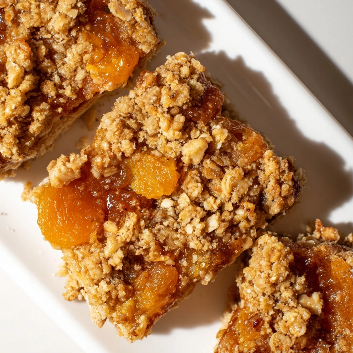 Golden gluten-free oatmeal apricot bars with chewy fruit filling and crumbly oat topping