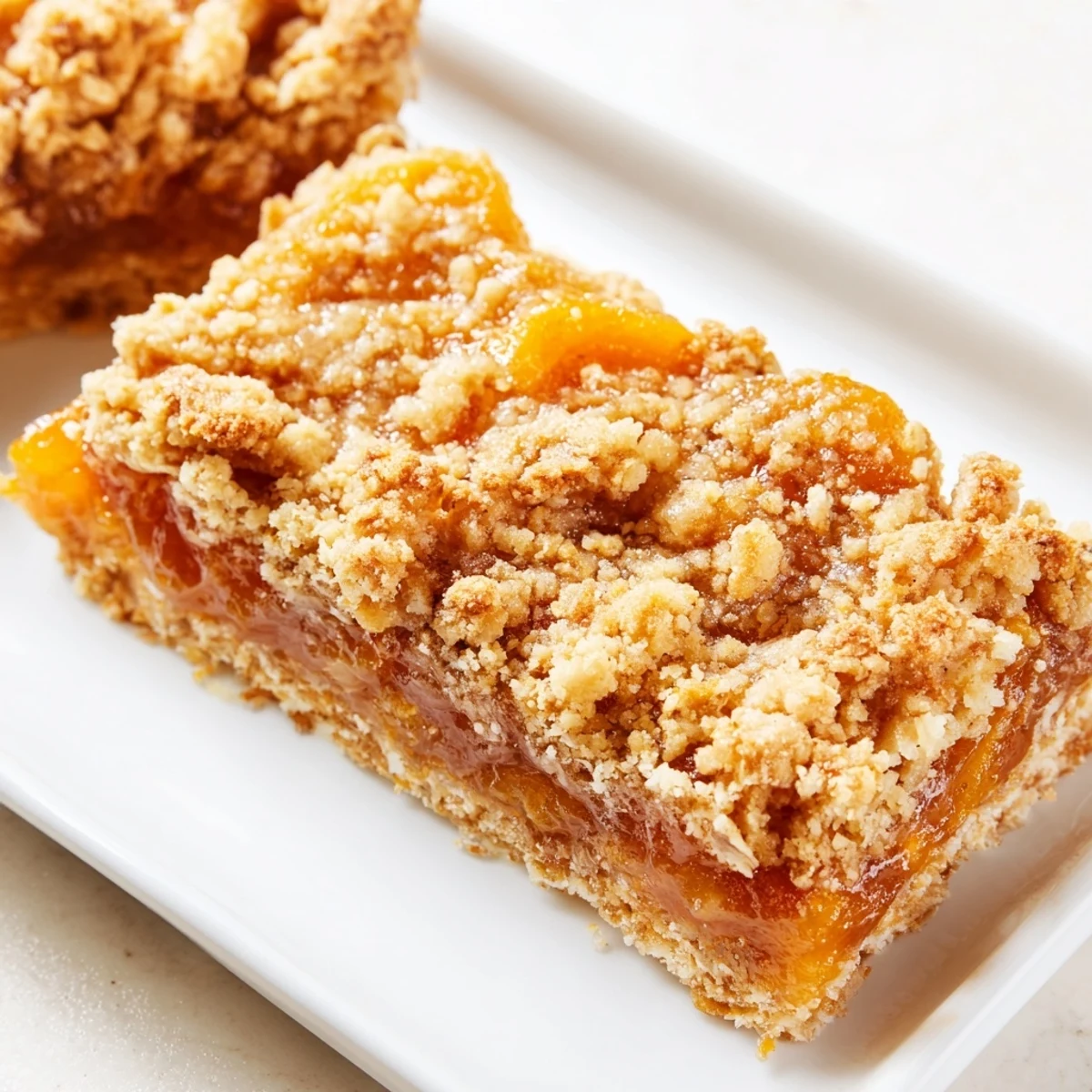 Square baking pan of sweet oatmeal apricot bars with golden brown crumble topping