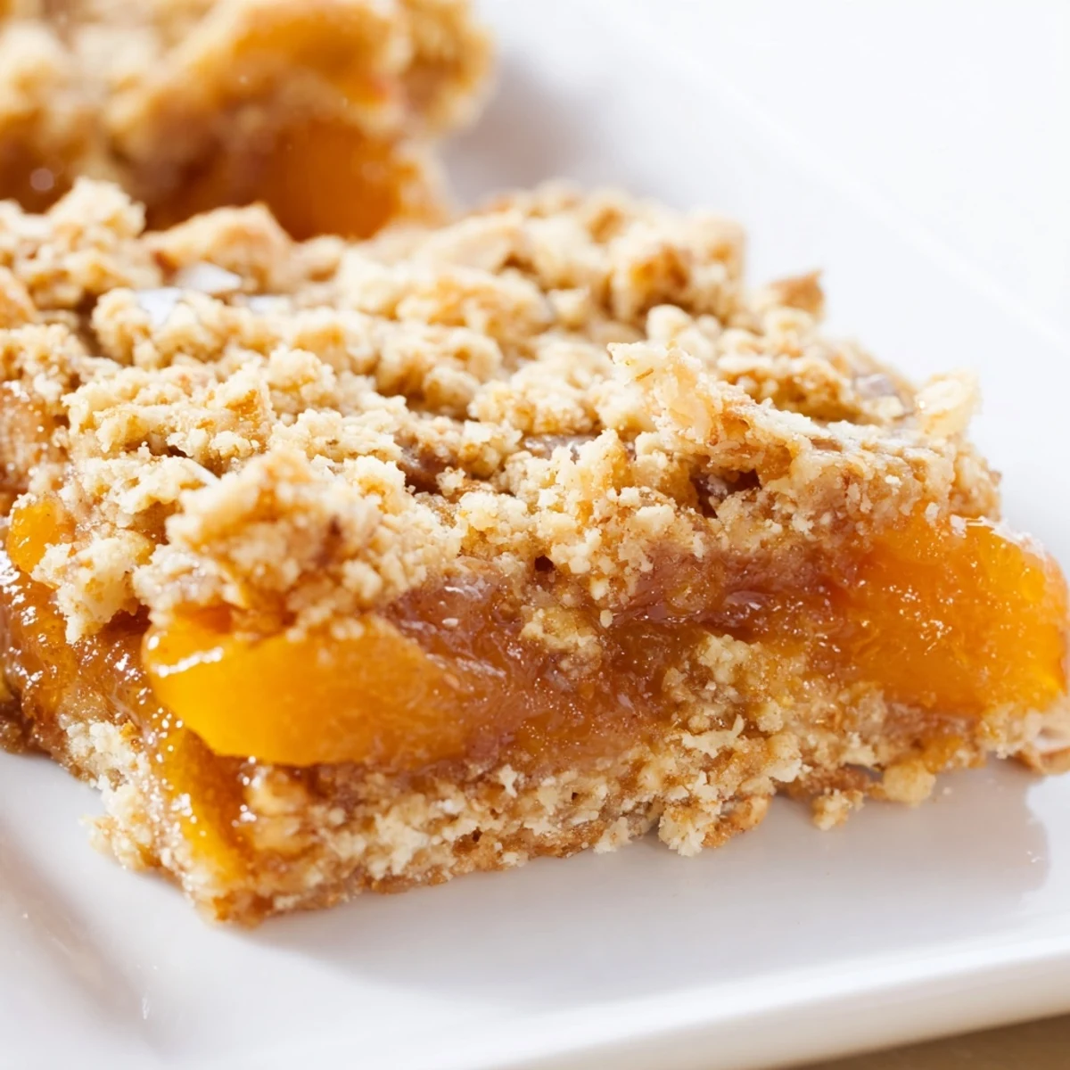 Close-up of tender gluten-free oatmeal apricot bars featuring chopped dried fruit and oats