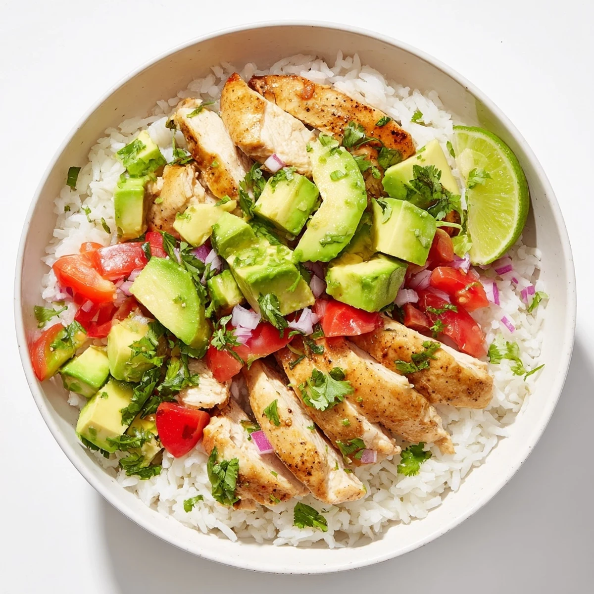 Vibrant rice bowl featuring marinated honey lime chicken breast, ripe avocado, and zesty lime wedges