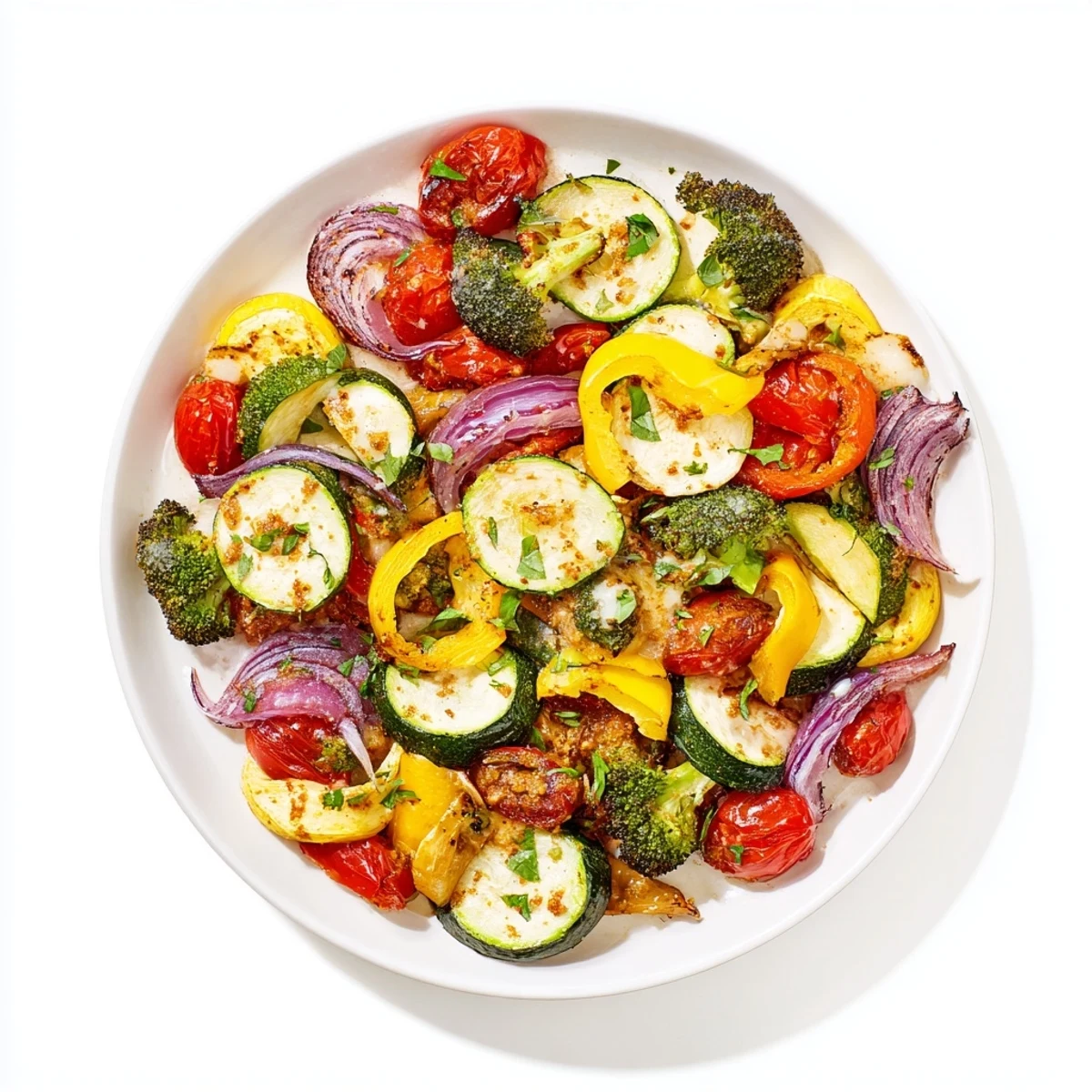 Golden roasted medley vegetables drizzled with creamy sun-dried tomato sauce and fresh basil garnish