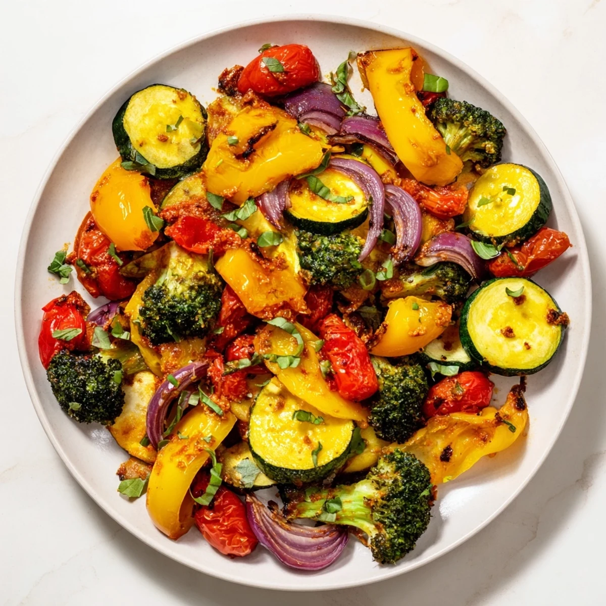 Vibrant zucchini peppers and broccoli roasted then coated in savory sun-dried tomato cream sauce