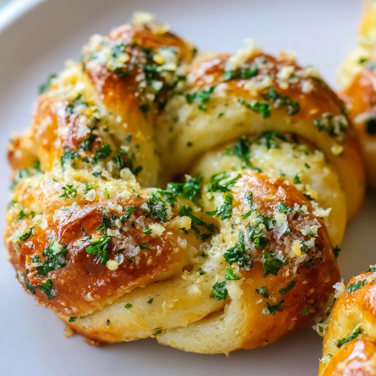 Golden gluten-free garlic knots brushed with melted butter and fresh parsley, baked to perfection on a parchment-lined baking sheet