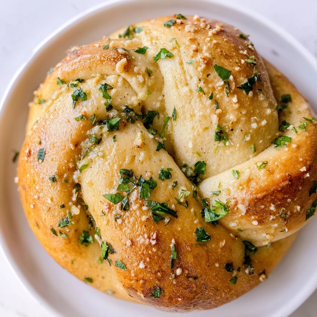 Basket of warm gluten-free garlic knots tied in classic knot shapes, glossy from garlic butter coating and ready for dipping