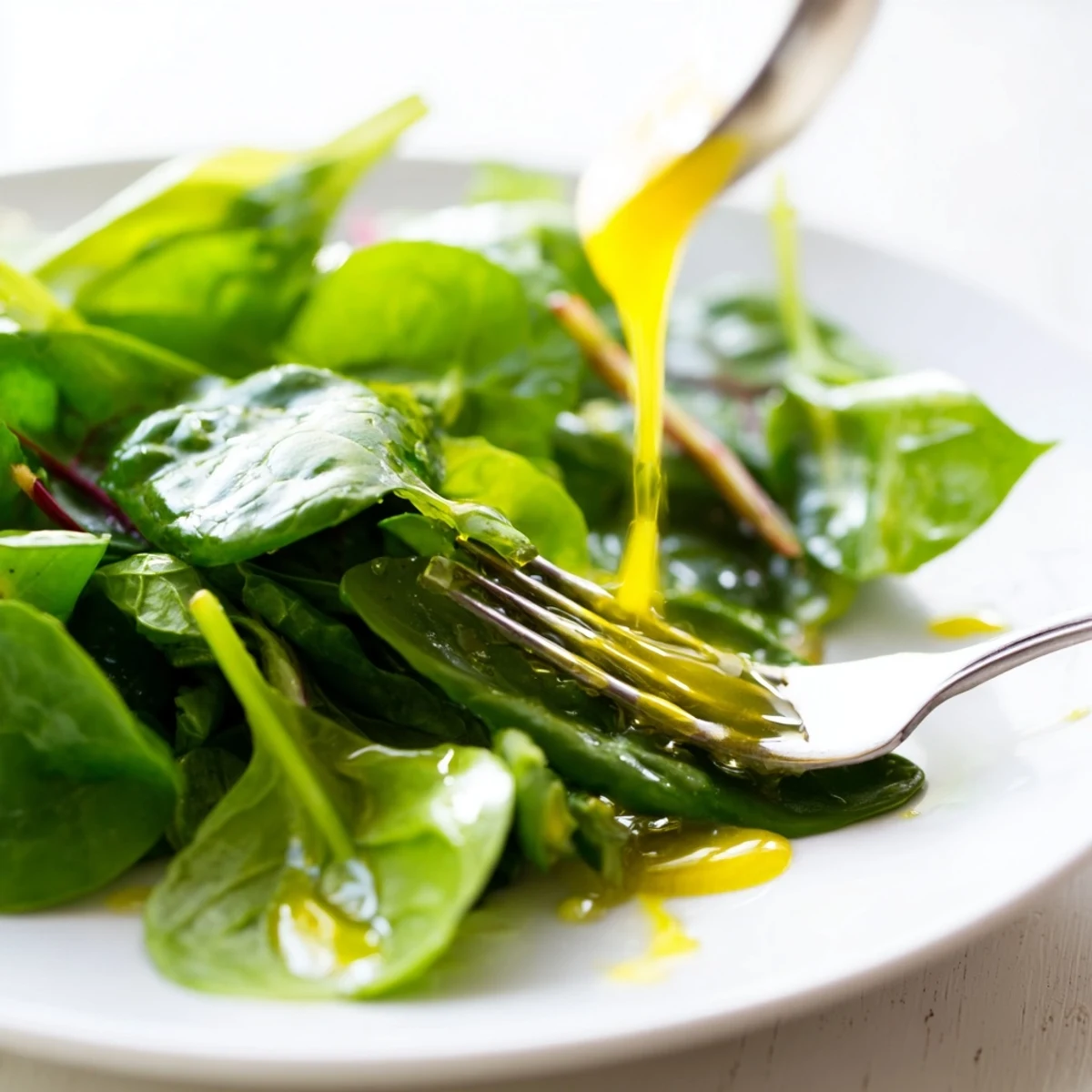 Golden honey lemon vinaigrette drizzled over fresh mixed greens in a white bowl
