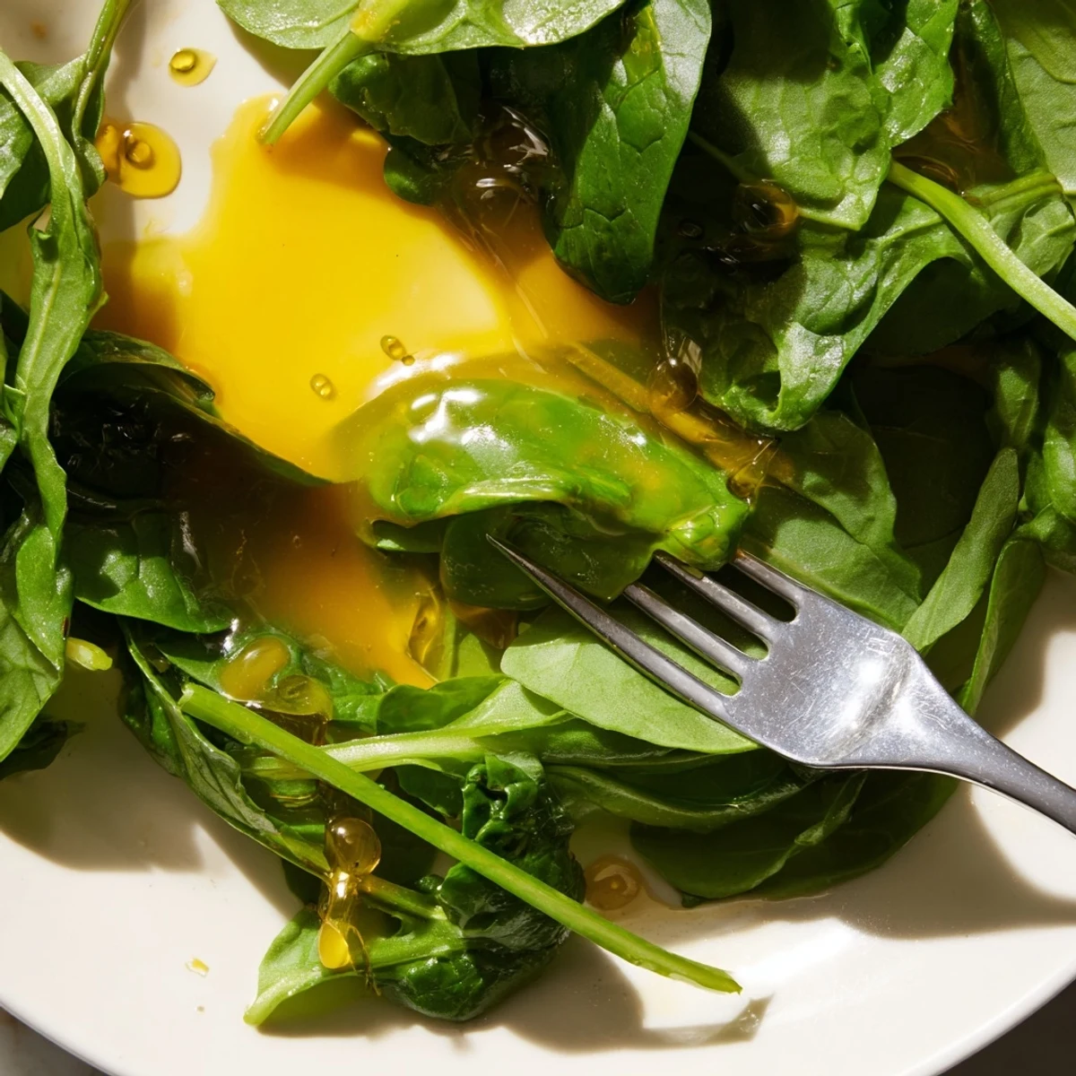 Bright honey lemon vinaigrette poured onto crisp salad with visible olive oil sheen