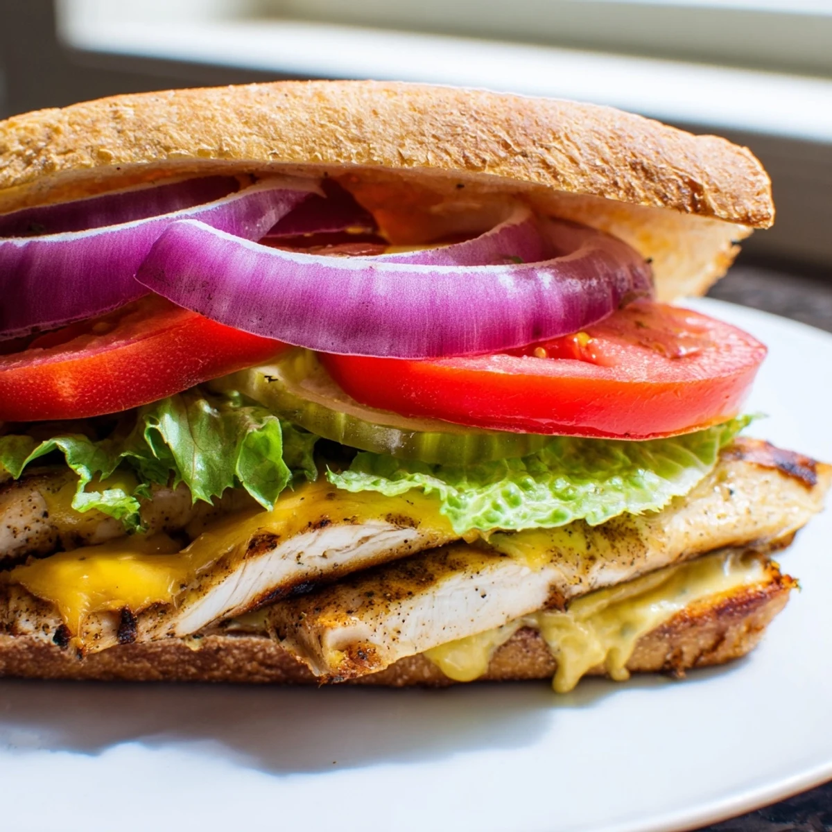 Golden melted cheddar draped over seasoned grilled chicken breast on toasted ciabatta roll with crisp lettuce