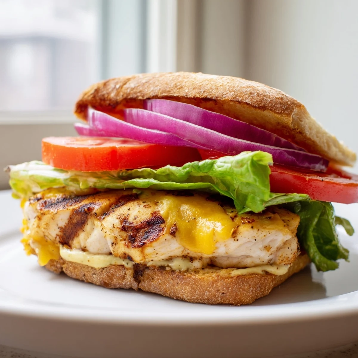 Sliced cheesy grilled chicken sandwich stacked with fresh tomatoes red onion and tangy mustard mayo sauce