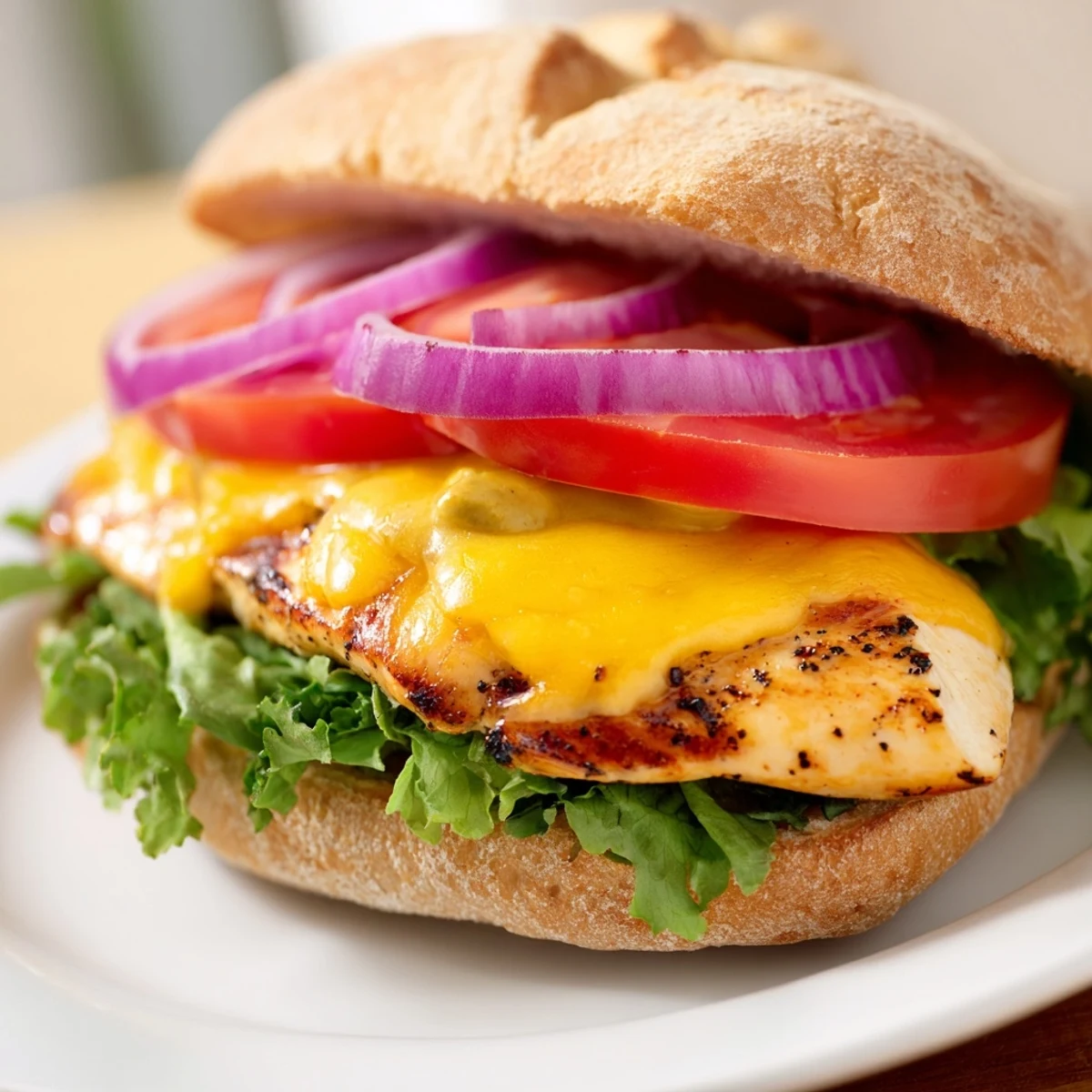 Warm American comfort food featuring juicy spiced chicken melty cheese and crunchy vegetables on grilled bread