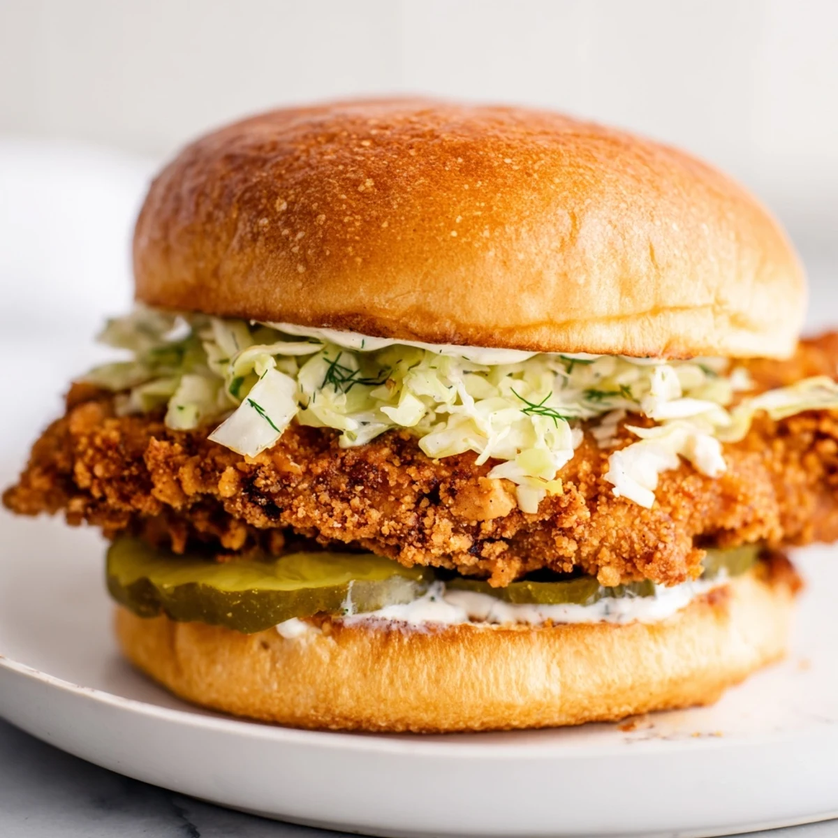 Golden brown crispy dill chicken sandwich layered with tangy pickles and shredded lettuce on toasted brioche bun