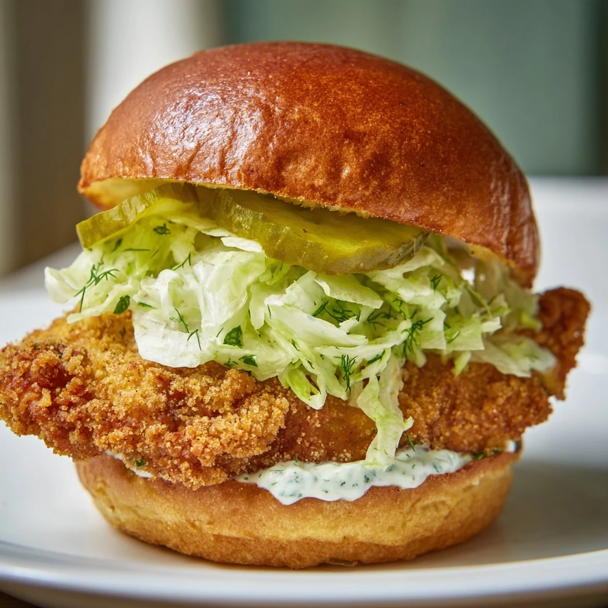 Stacked crispy dill chicken sandwich on soft bun topped with crisp lettuce, pickles, and savory herb mayonnaise