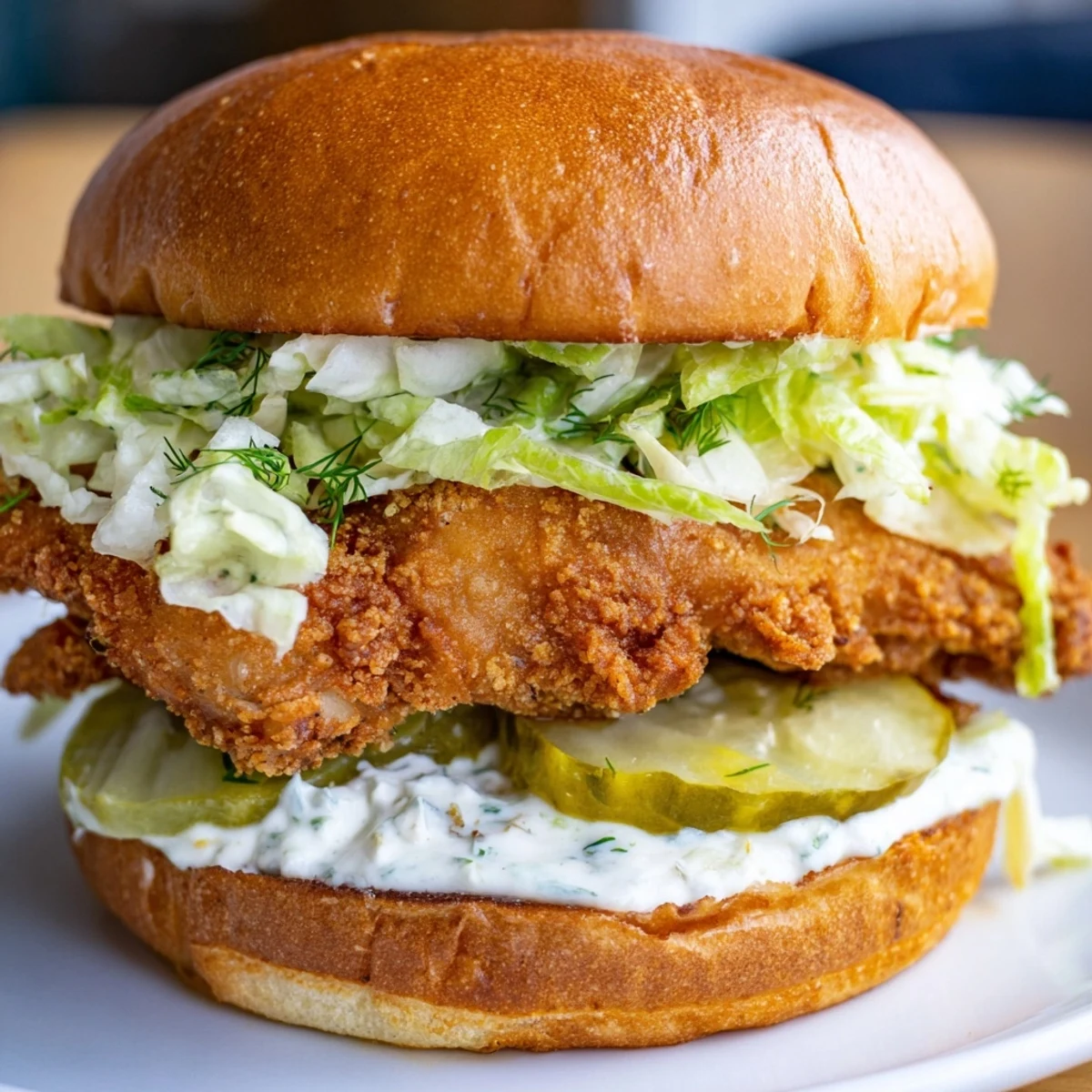 Homemade crispy dill chicken sandwich featuring crunchy fried fillet with creamy dill mayo and fresh dill pickle slices