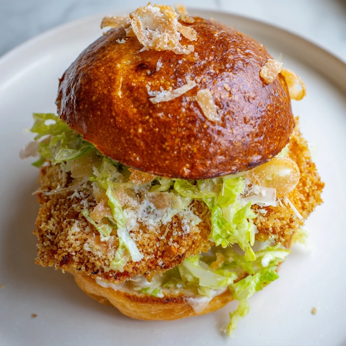 Golden brown crispy chicken Caesar sandwich layered with fresh romaine and shaved Parmesan on toasted brioche bun