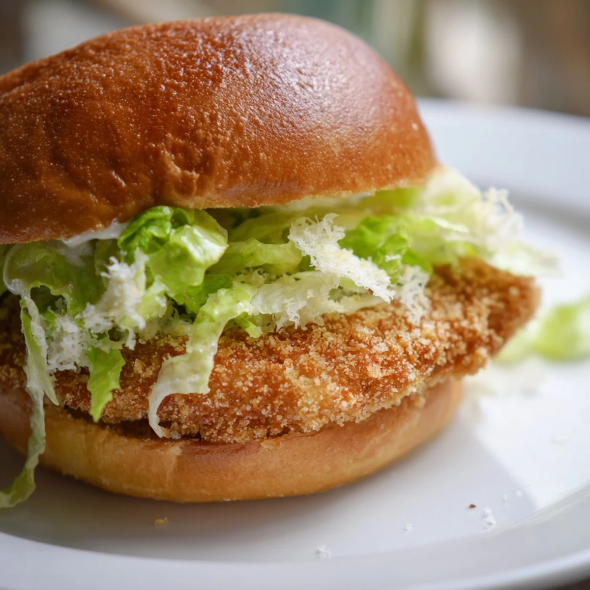 Mouthwatering crispy chicken Caesar sandwich showcasing crunchy panko coated chicken breast with tangy dressing and crisp lettuce