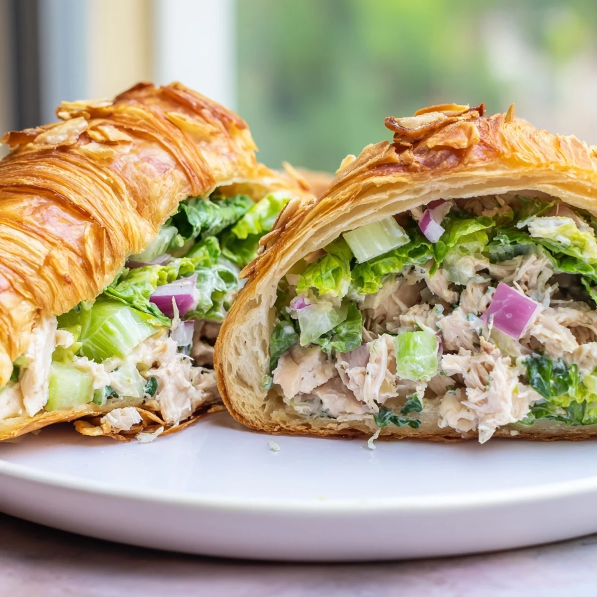 Buttery croissant sandwich loaded with Parmesan chicken salad and fresh crunchy vegetables