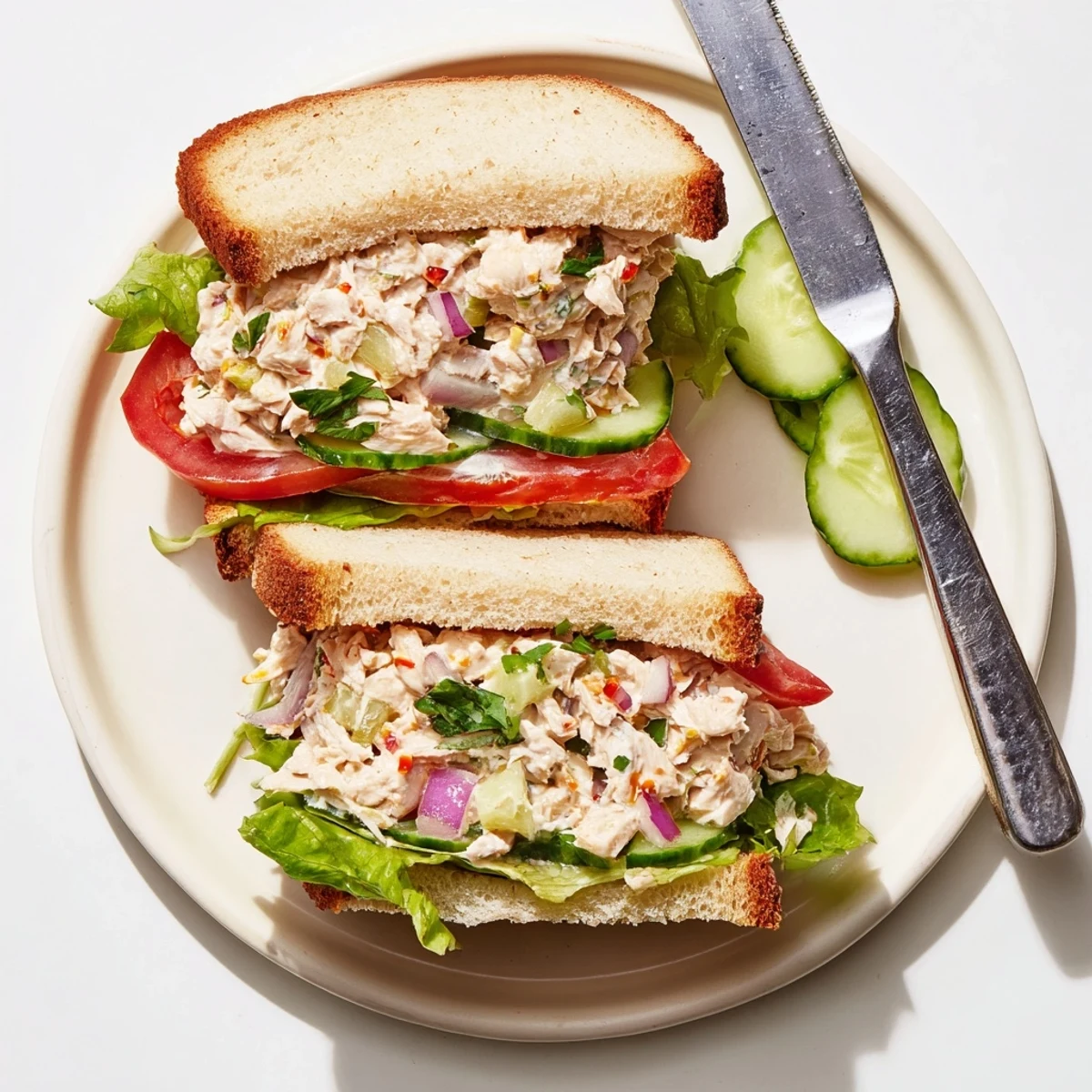 Golden chicken salad sandwich topped with crisp cucumber slices and spicy chili crisp drizzle