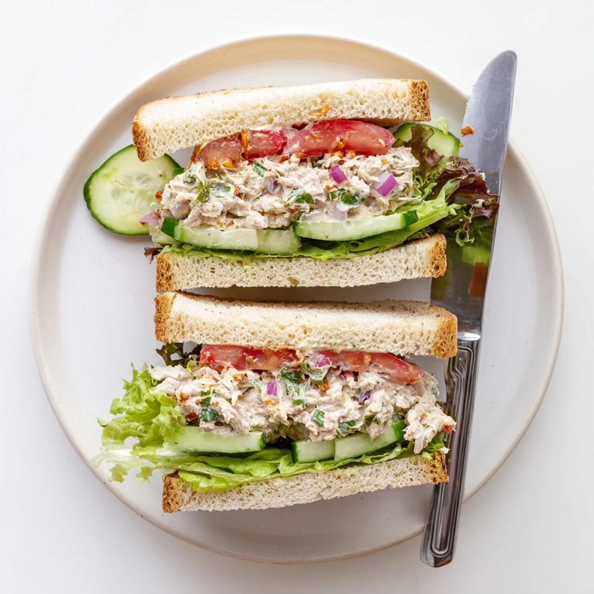 Homemade chicken salad sandwich featuring creamy dressing, crunchy vegetables, and fiery chili crisp garnish