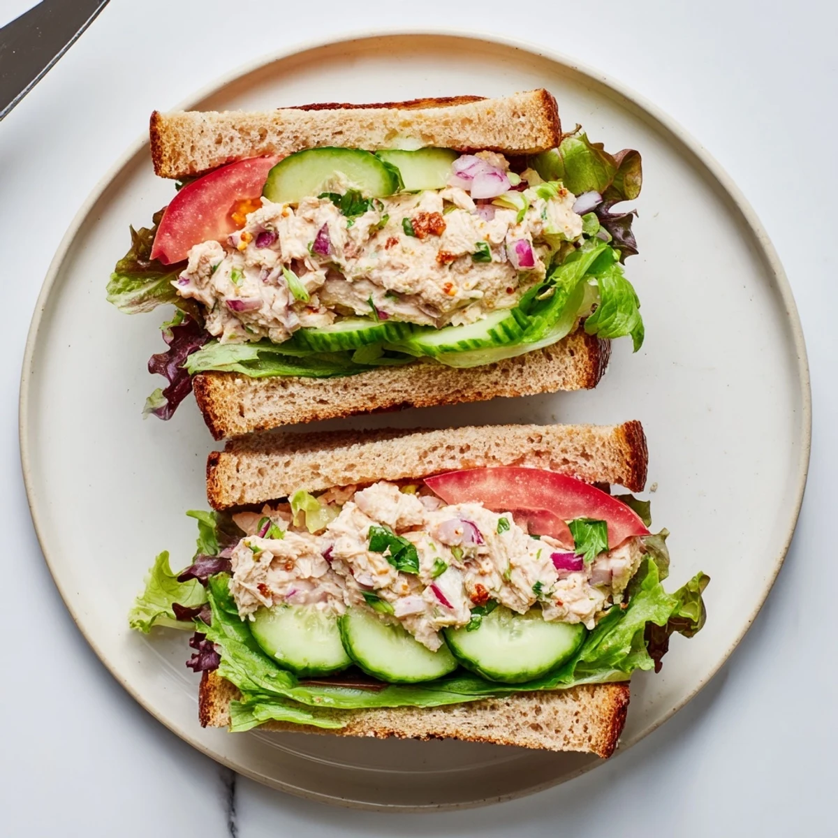 Open-faced chicken salad sandwich with fresh tomato, greens, and vibrant red chili crisp