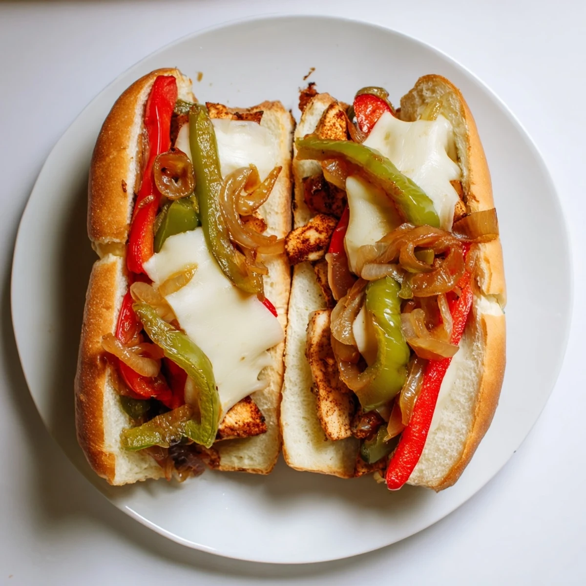 Savory chicken cheesesteak sandwich featuring tender chicken strips, colorful bell peppers, and melted provolone on a warm bun