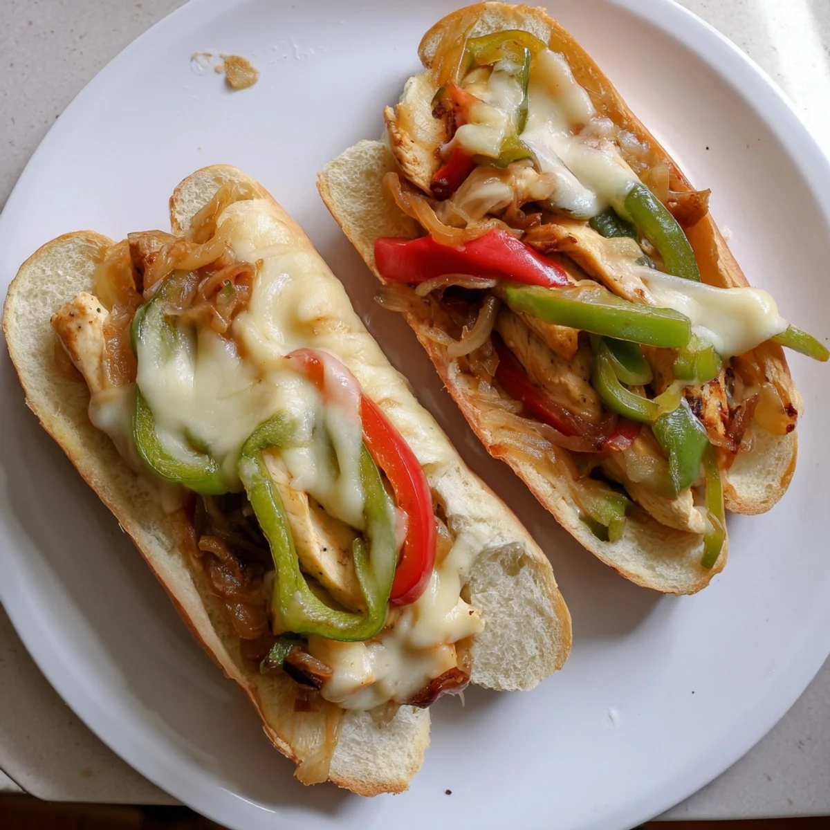 Golden brown chicken cheesesteak sandwich overflowing with sautéed vegetables and gooey melted cheese in a toasted roll