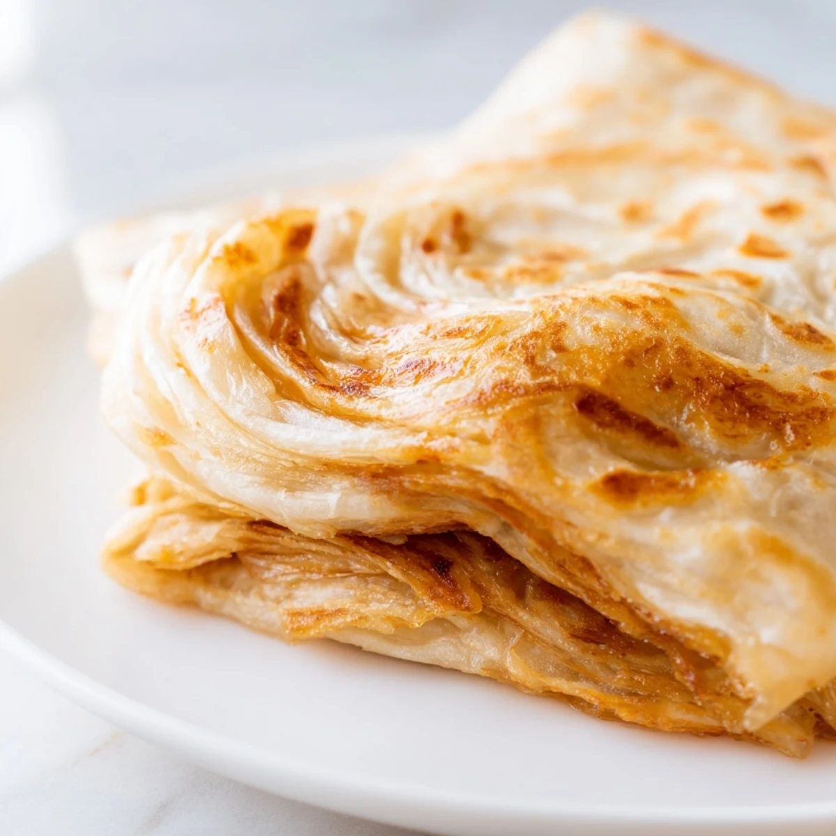 Golden flaky roti canai flatbread stacked on a plate with visible crispy layers and tender texture