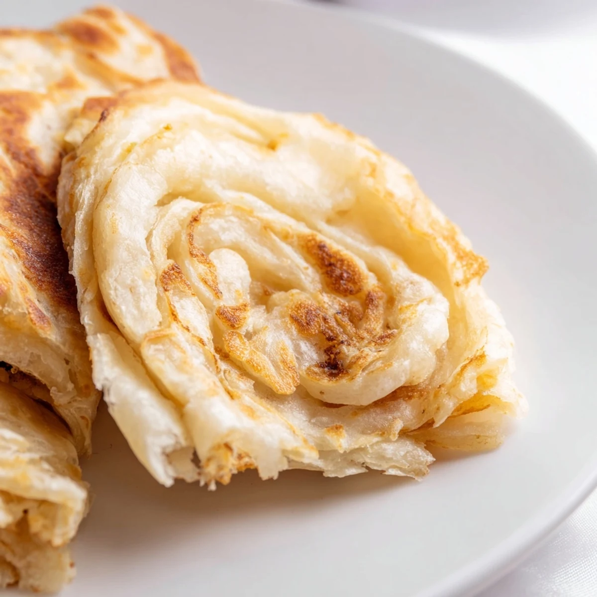 Malaysian roti canai being cooked in a skillet until golden brown with buttery ghee brushed on top