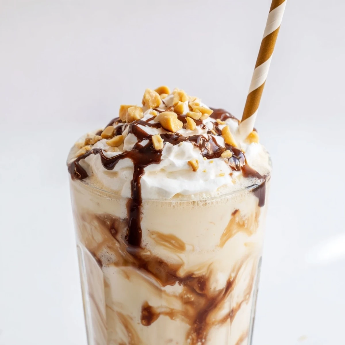 Thick Five Guys-style peanut butter milkshake topped with whipped cream and crushed peanuts in a tall glass