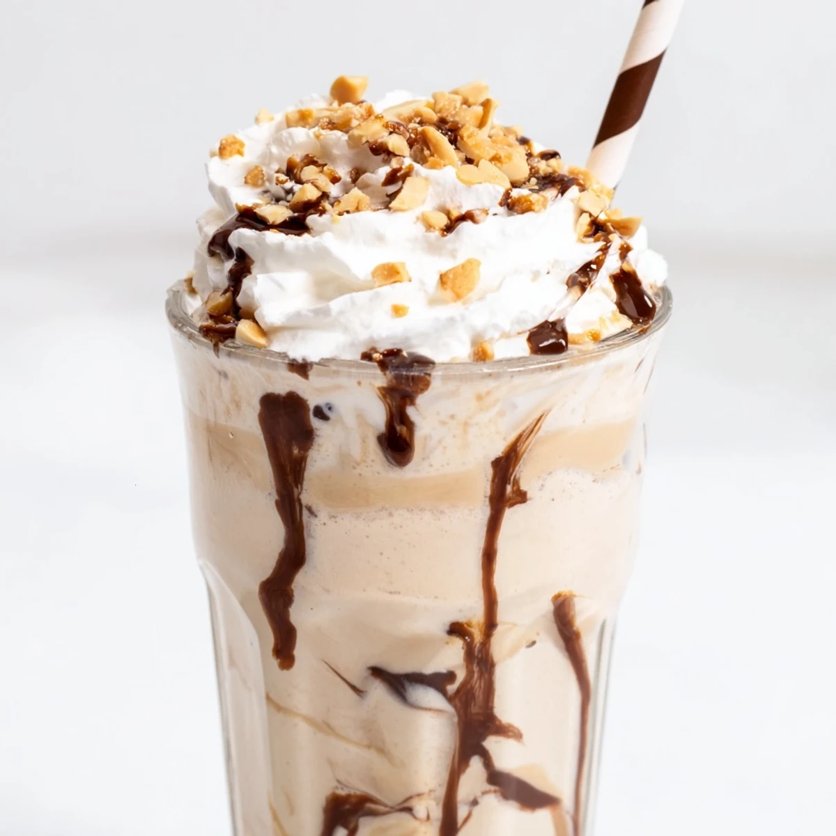 Creamy peanut butter milkshake with rich vanilla ice cream blended to smooth perfection and garnished with nutty toppings