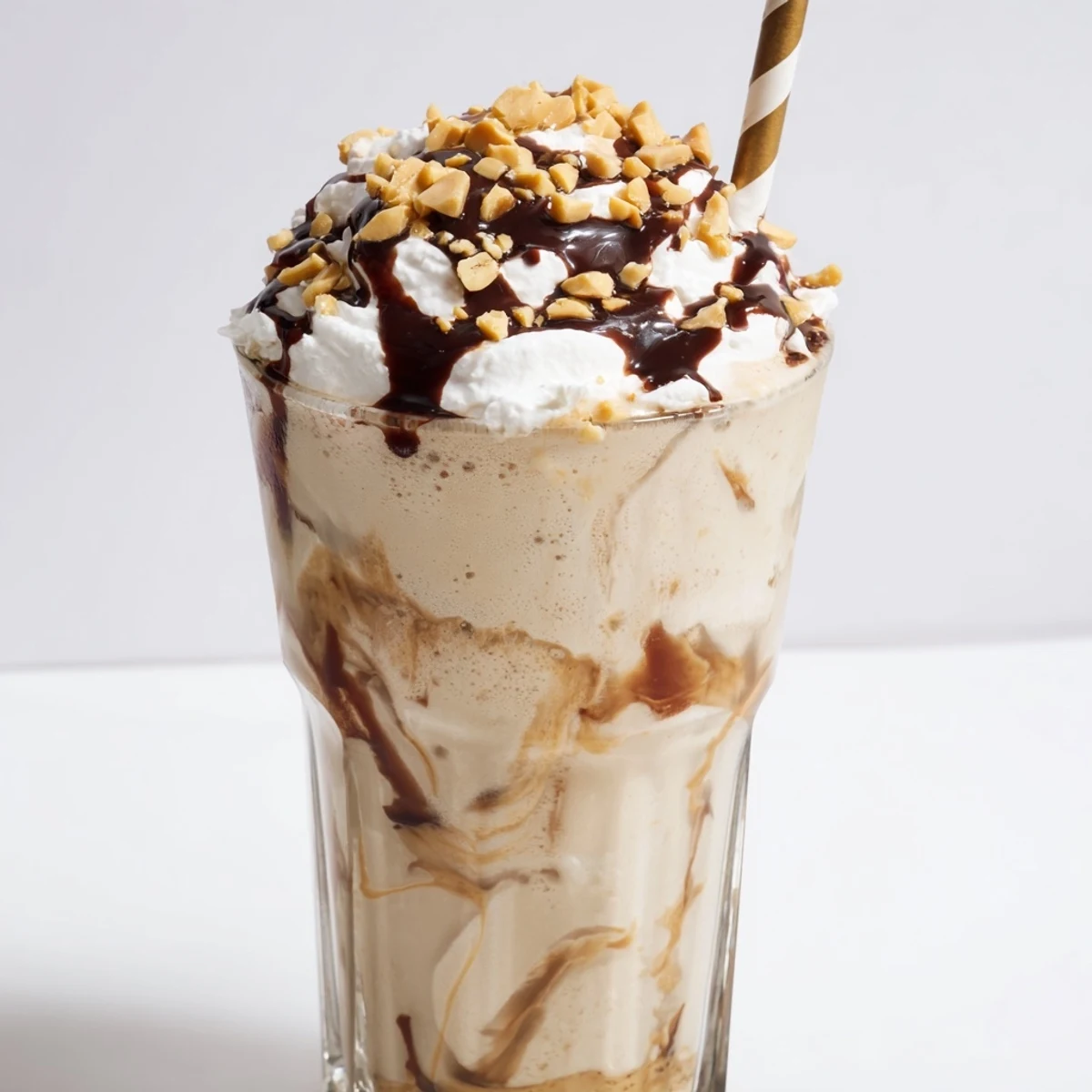 Decadent Five Guys peanut butter shake drizzled with chocolate syrup and served chilled with a straw and spoon