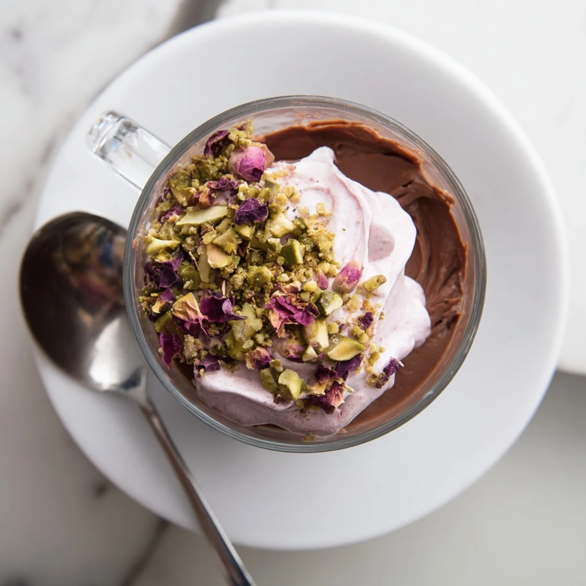 Decadent Dubai chocolate cup featuring creamy cardamom mousse layered with crunchy honey pistachios