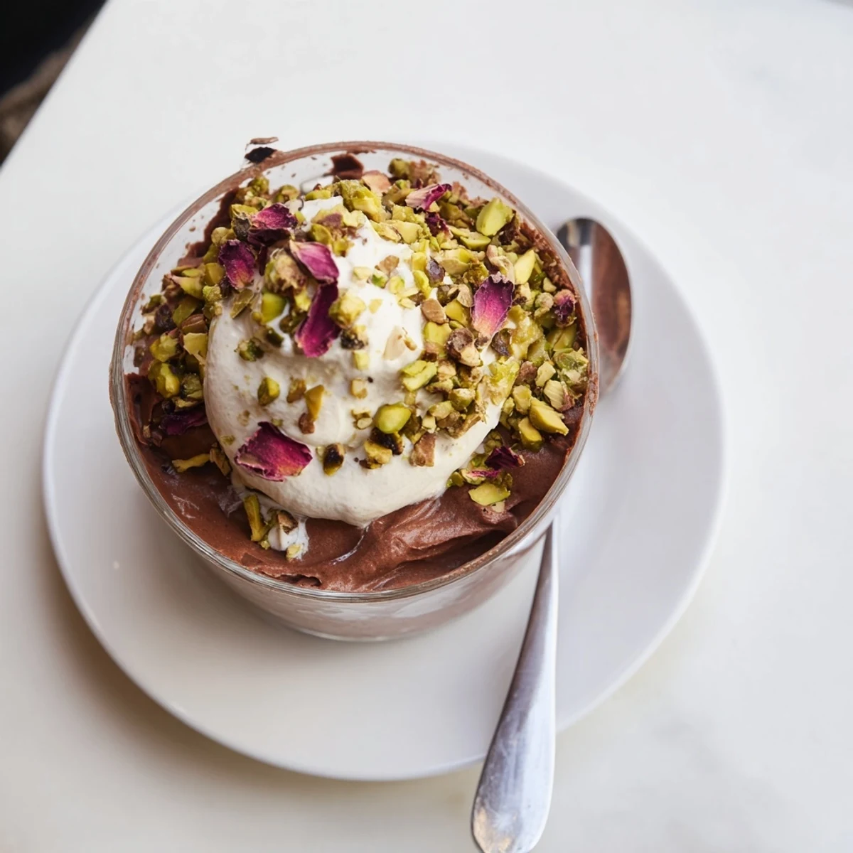 Rich Middle Eastern chocolate dessert topped with fragrant rosewater cream and crushed pistachios