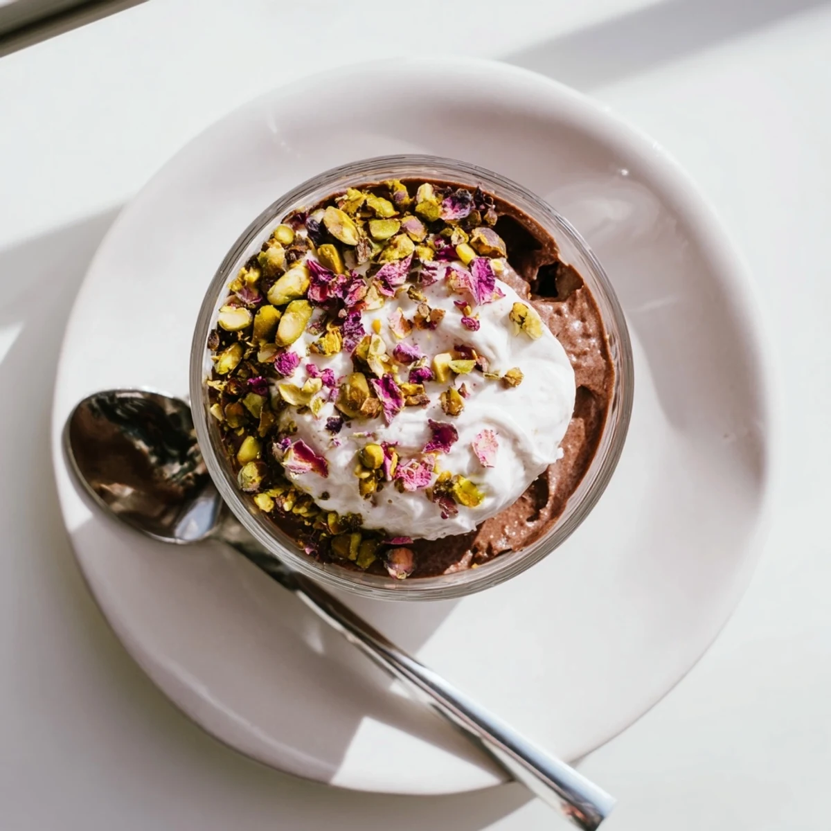 Luxurious Dubai chocolate cup in glass garnished with rose petals and golden pistachio crunch