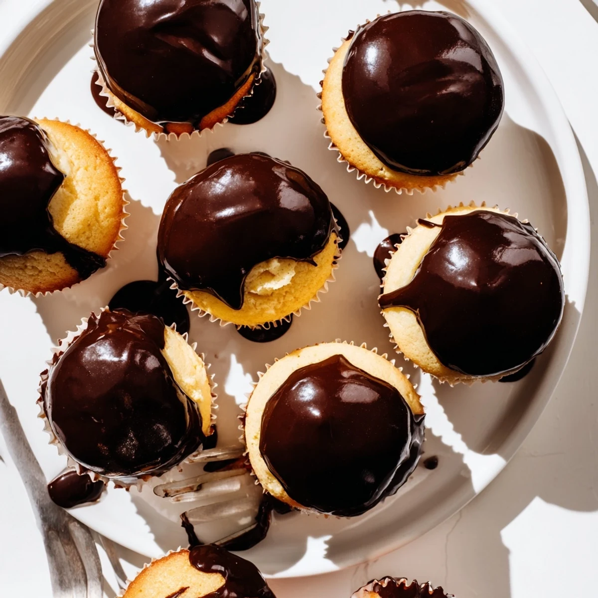 Moist vanilla Boston cream pie cupcakes with rich chocolate glaze dripping down the sides