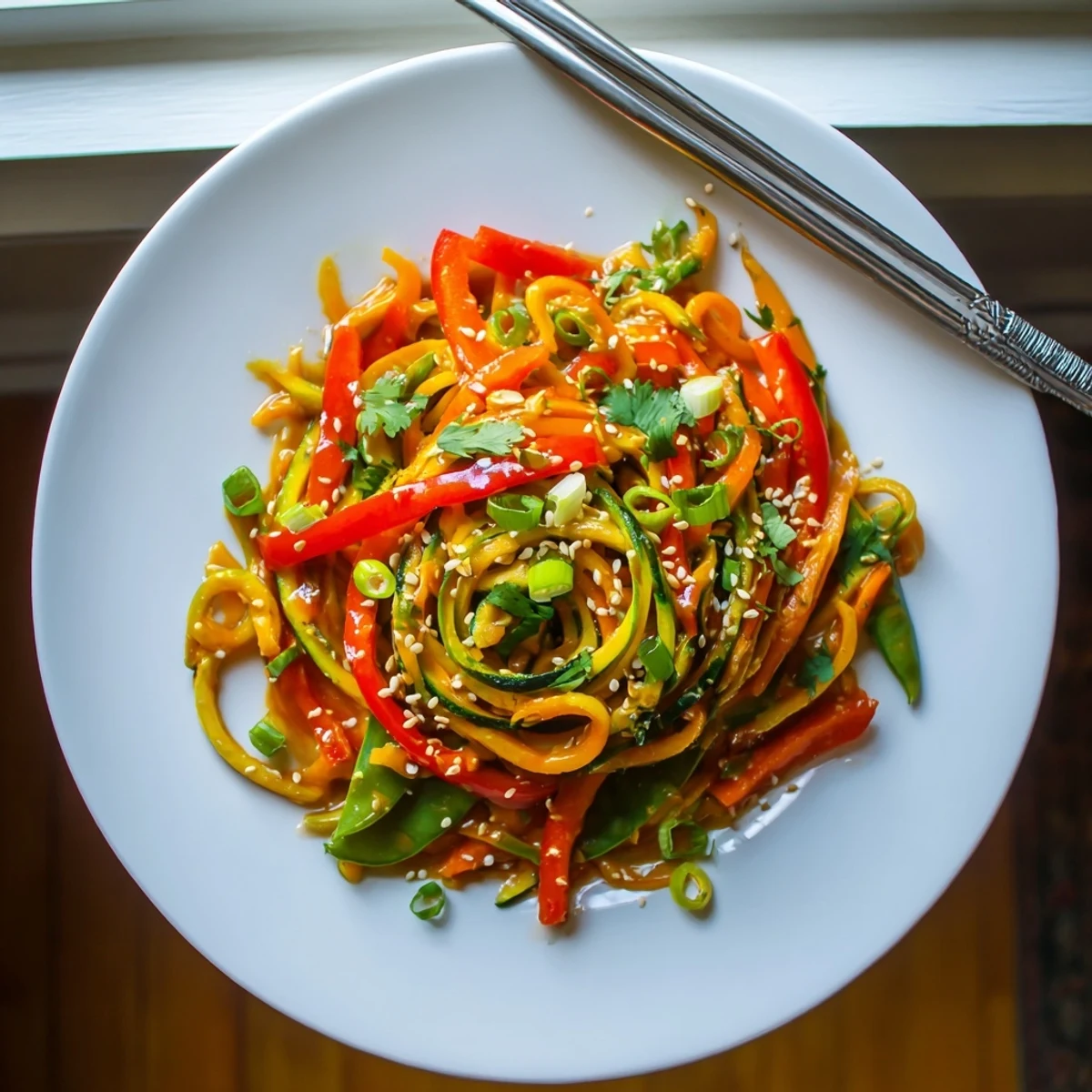 Glossy teriyaki zucchini noodles stir-fried with colorful crisp vegetables in savory sauce