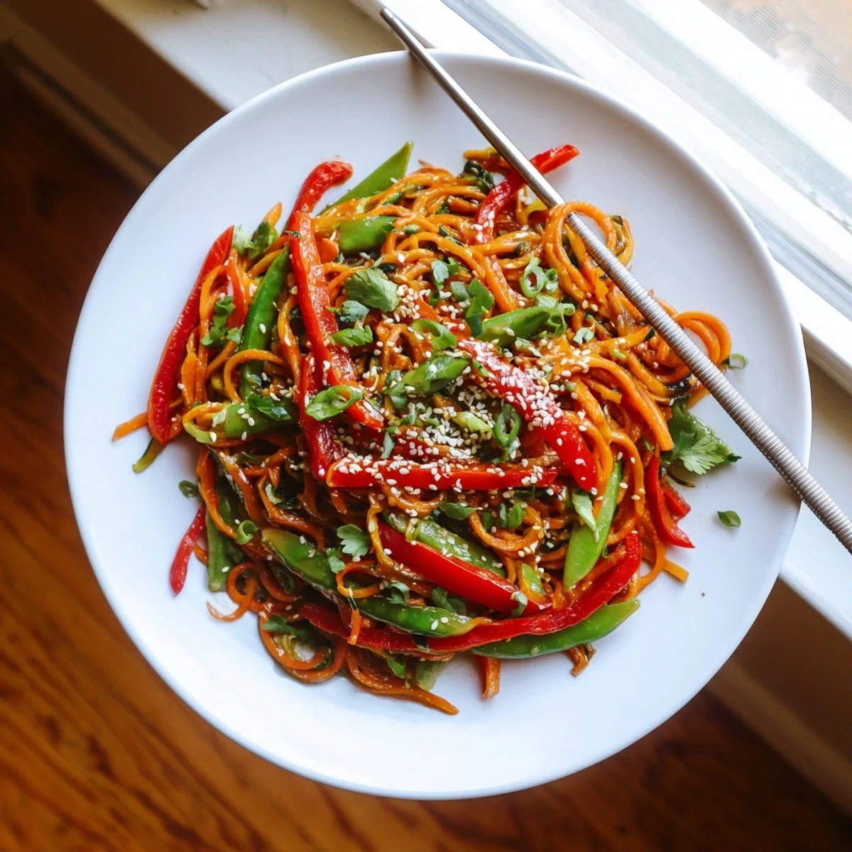 Vibrant vegetable spiral noodles tossed in sweet homemade teriyaki glaze with sesame toppings