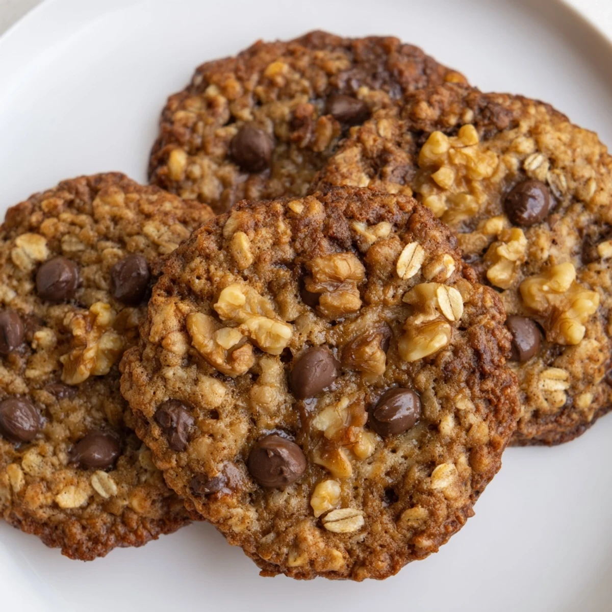 Golden brown Irish oat cookies stacked on a white wire cooling rack with chocolate chips visible throughout the chewy texture