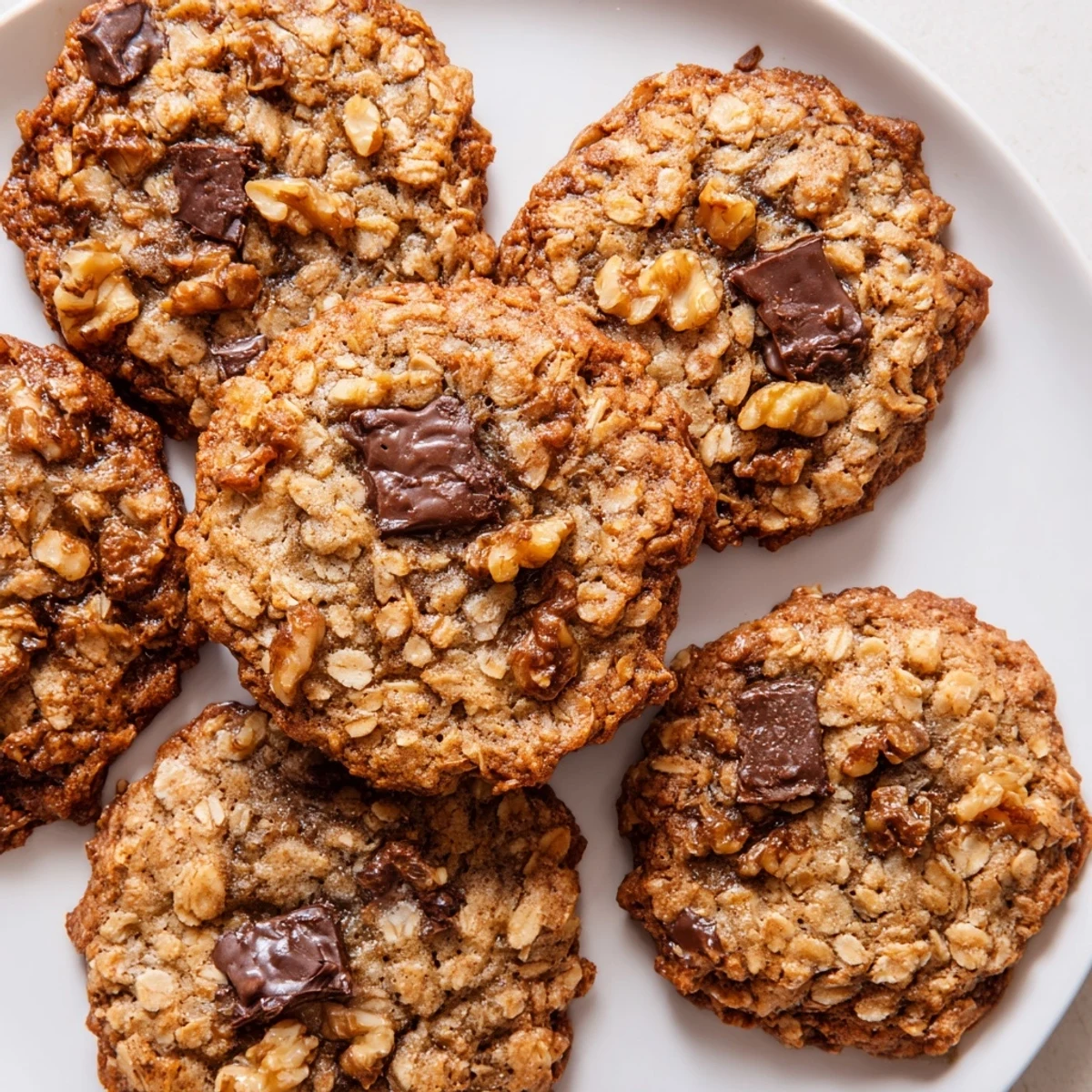 Freshly baked brown butter oat cookies cooling on a wooden board with toasty edges and soft centers