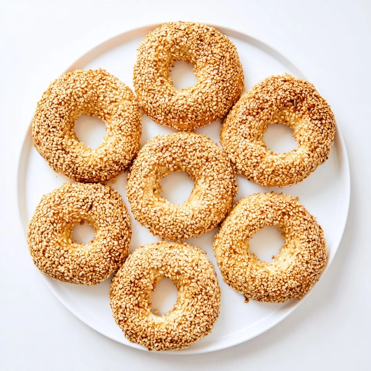 Golden sesame bread rings with crispy exterior and soft chewy interior baked to perfection