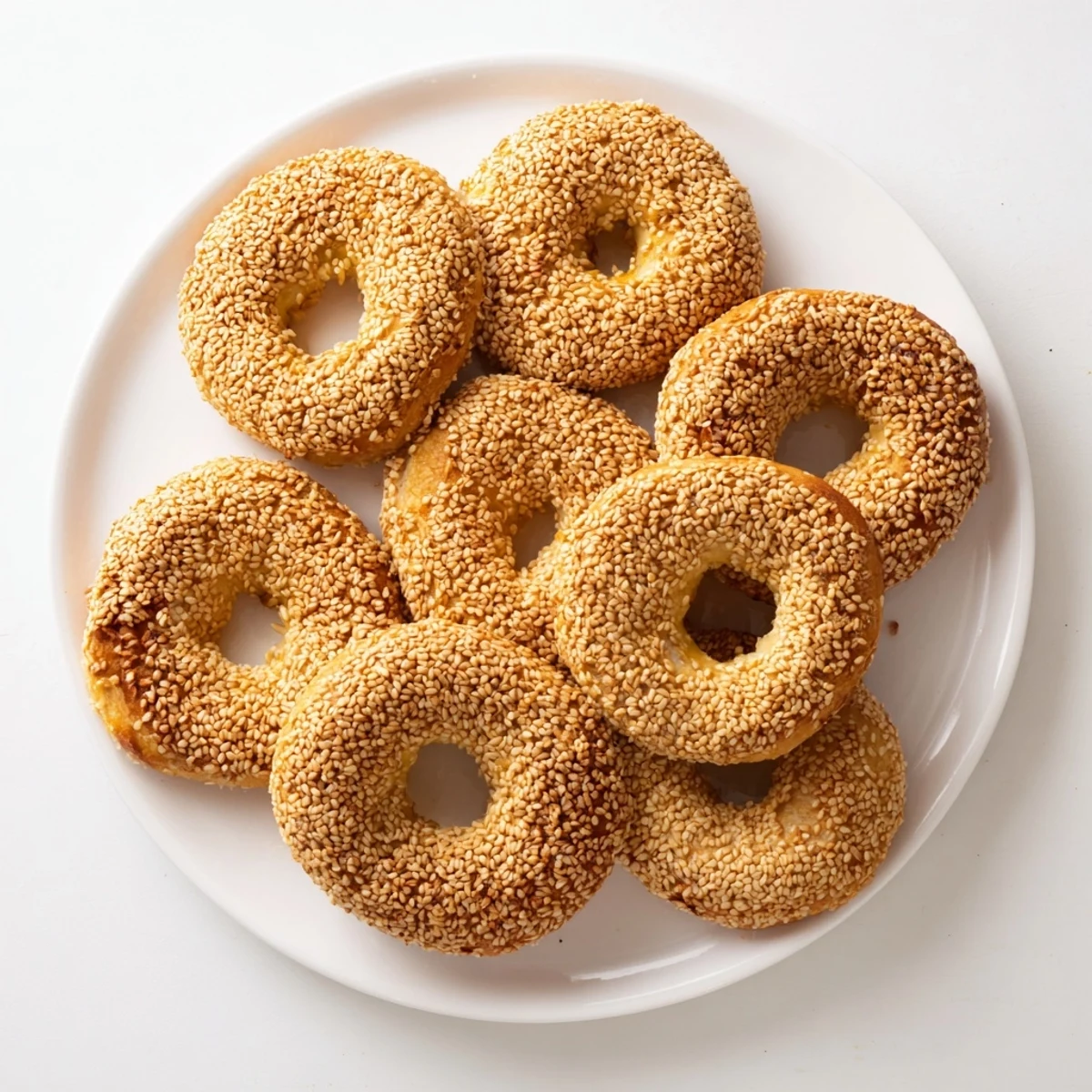 Freshly baked sesame bread rings arranged on a wire rack after golden oven baking