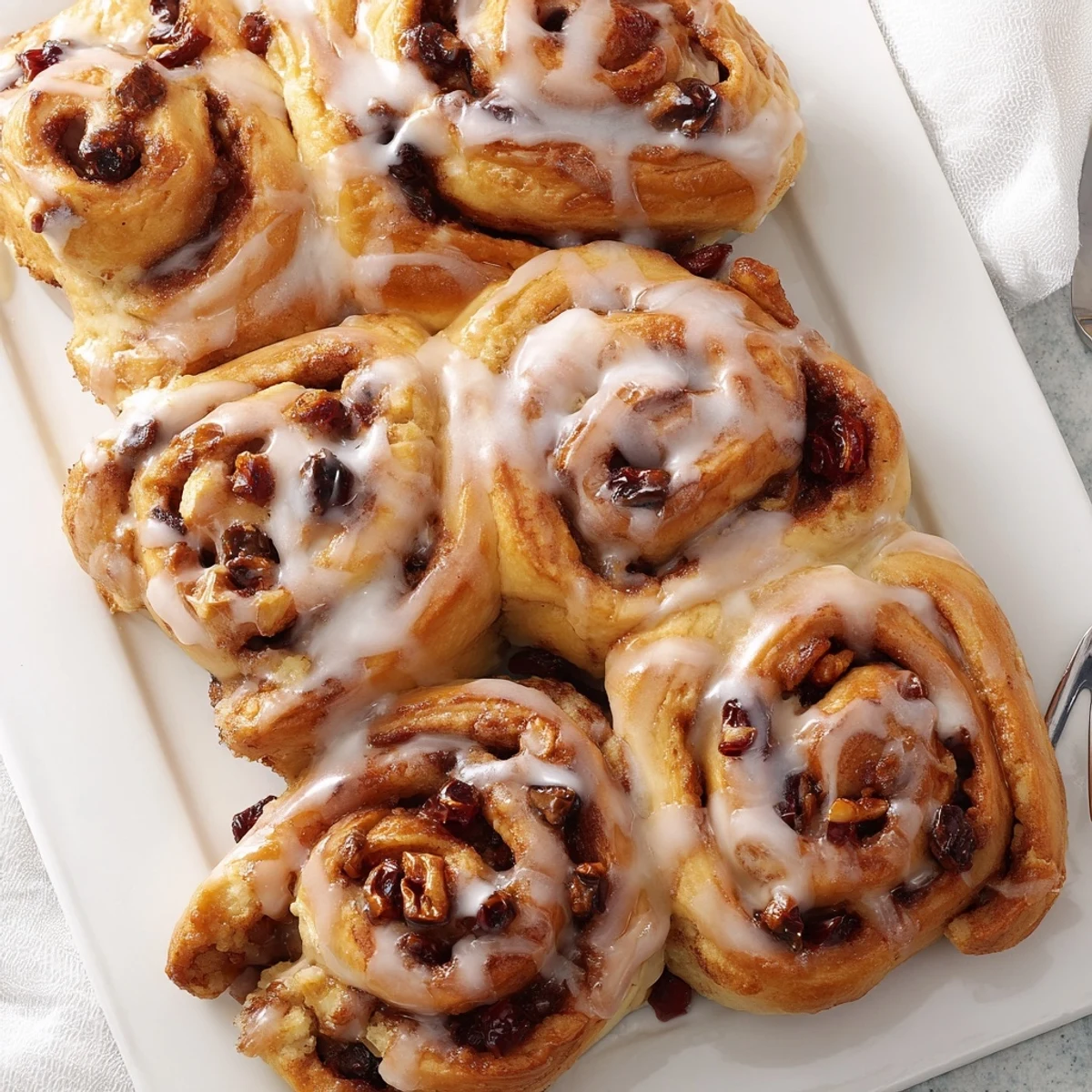 Freshly baked cherry cinnamon rolls with spiraled dough and vanilla glaze drizzling down