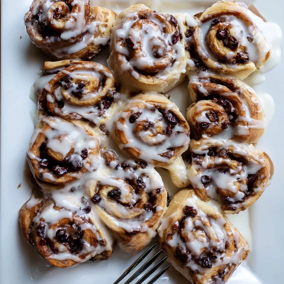 Warm cherry cinnamon rolls topped with creamy white glaze on a breakfast platter