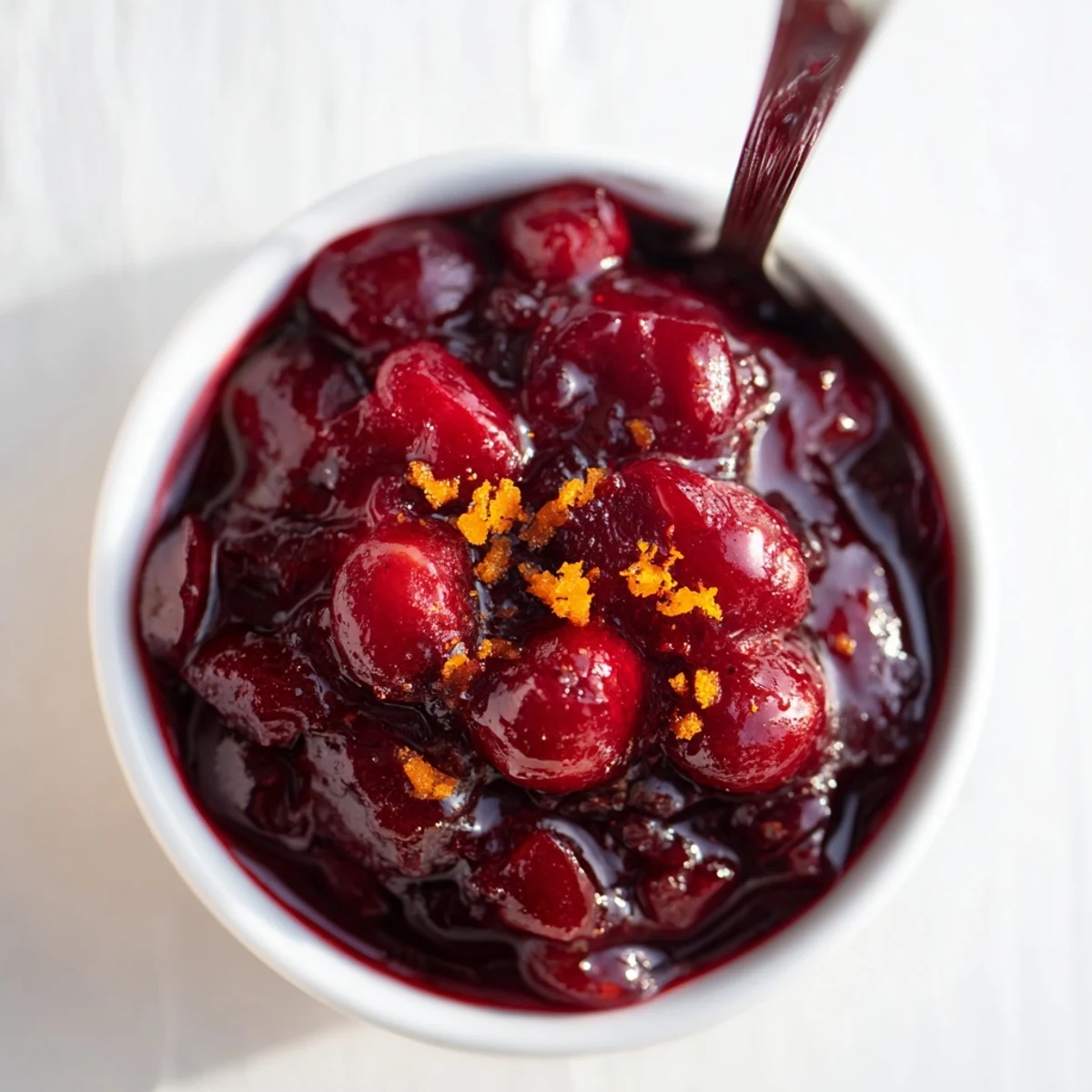 Glistening ruby-red homemade cranberry sauce with whole berries in a festive white serving bowl