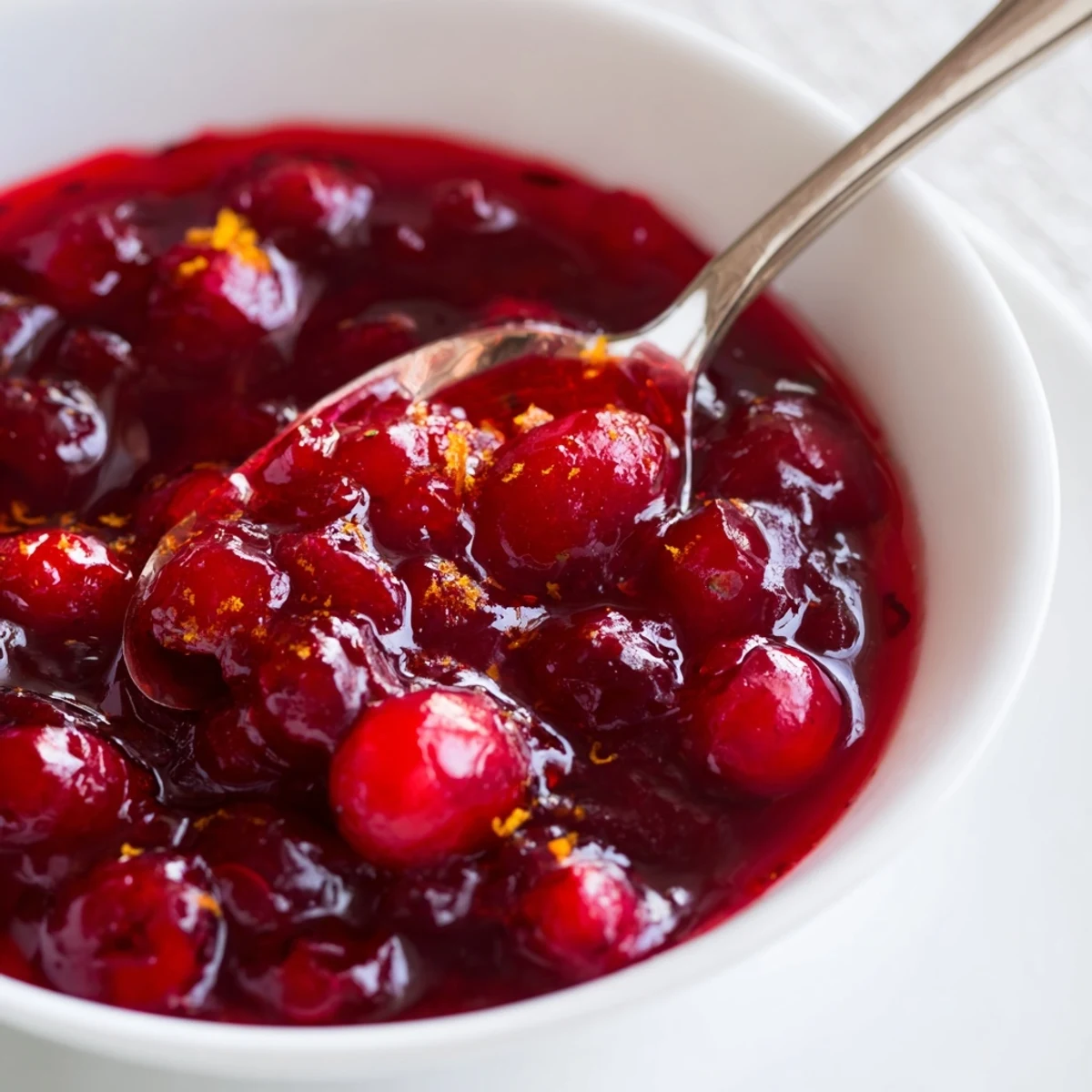 Steaming pot of tangy homemade cranberry sauce simmering on stove with orange zest garnish