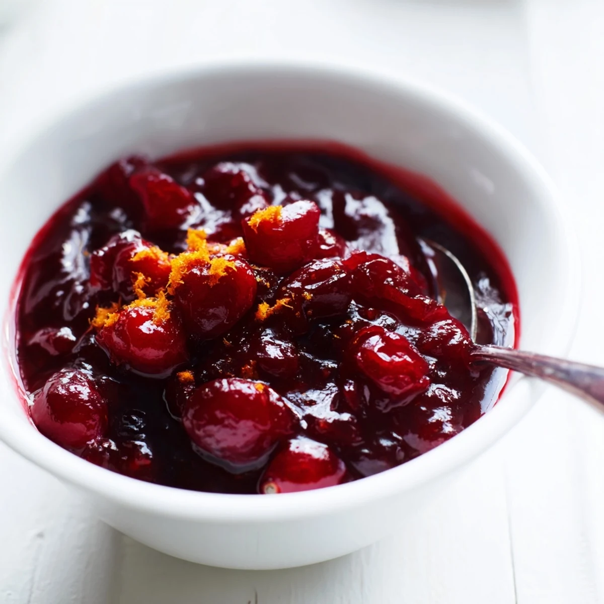 Creamy jellied homemade cranberry sauce sliced neatly on white platter surrounded by fresh cranberries